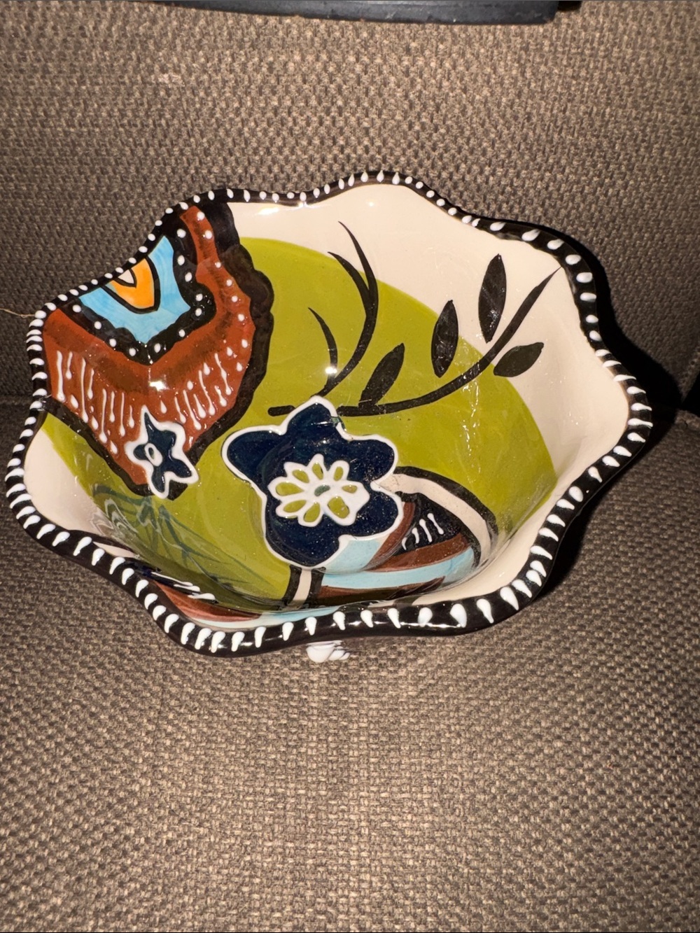 Hand-Painted Green Floral Ceramic Bowl - Decorative Home Art